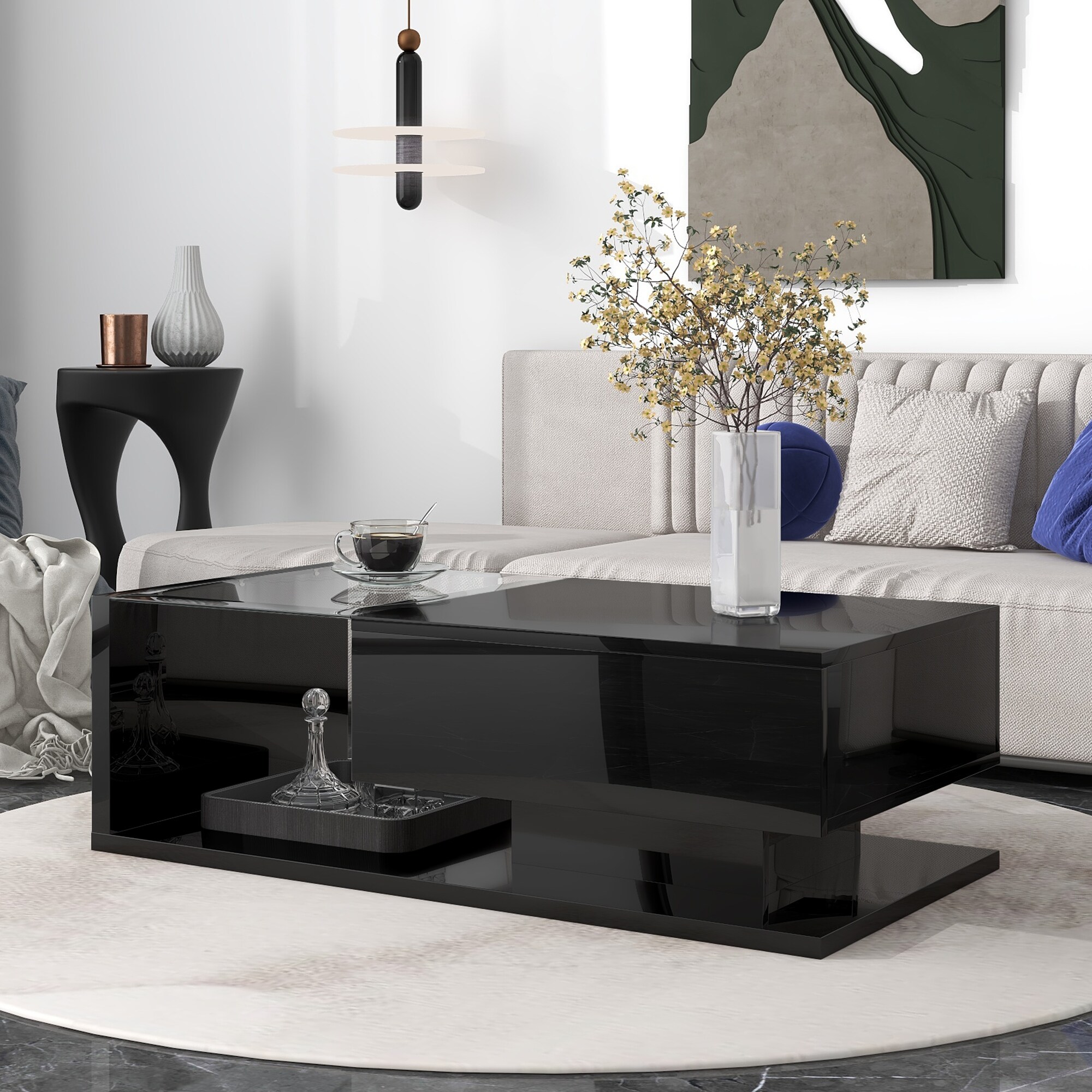 Modern Coffee Table with Tempered Glass High gloss Wooden Cocktail Table 2 Tier Black Center Table for Living Room
