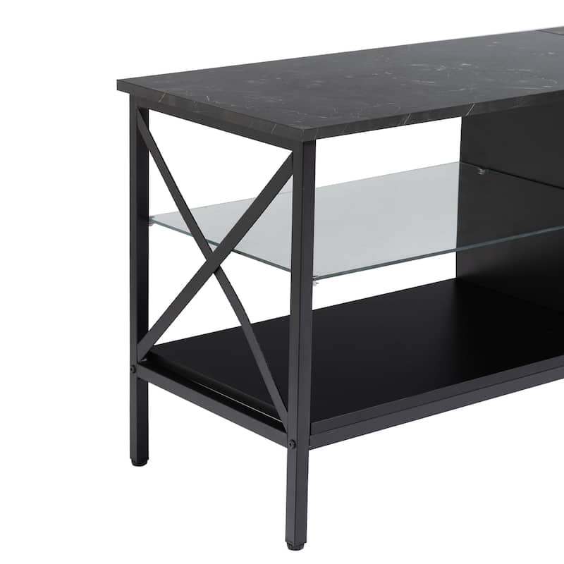 Modern TV stand,Iron TV cabinet Black/White with LED Lights, Remote Control,Toughened Glass Stand