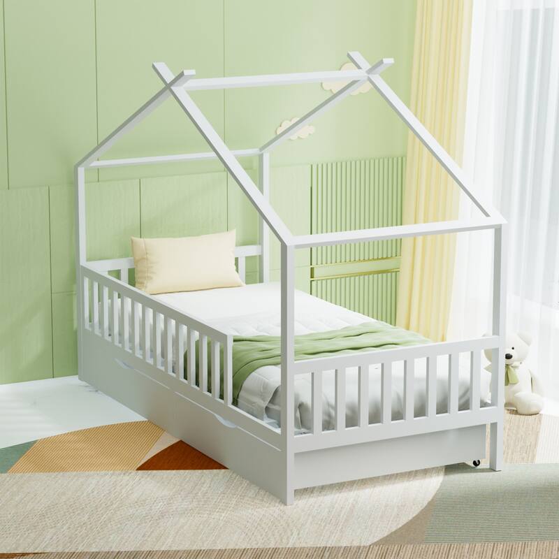 Full House Bed with 2 Storage Drawers, Kids Full Bed Frame with Rails and Roof,Wooden Full Daybed, Full Montessori Bed - Cream White