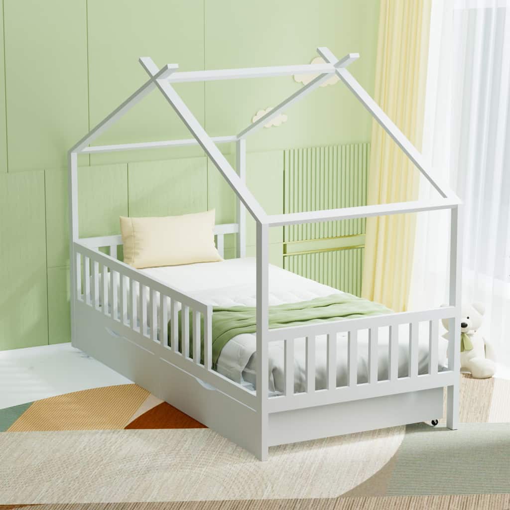 Full House Bed with 2 Storage Drawers, Kids Full Bed Frame with Rails and Roof,Wooden Full Daybed, Full Montessori Bed