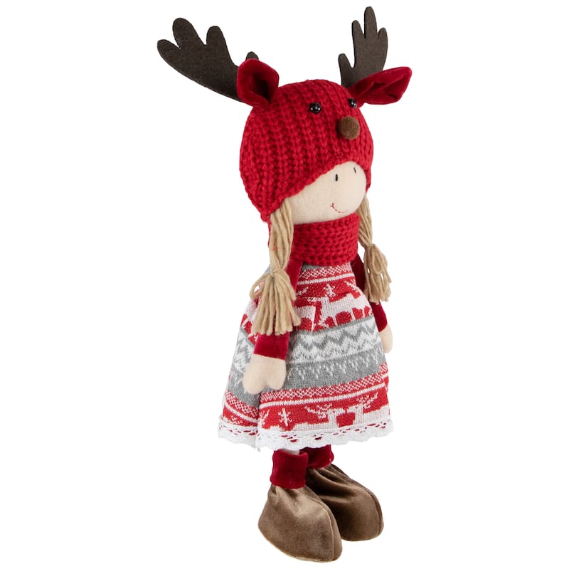 17" Red and White Nordic Girl with Moose Antler Hat Christmas Decoration