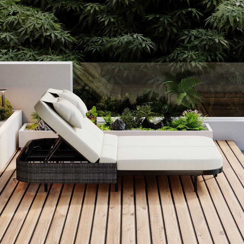 Patio Rattan Double Chaise Lounge Daybed with 5-Position Adjustable Backrest & Iron Frame