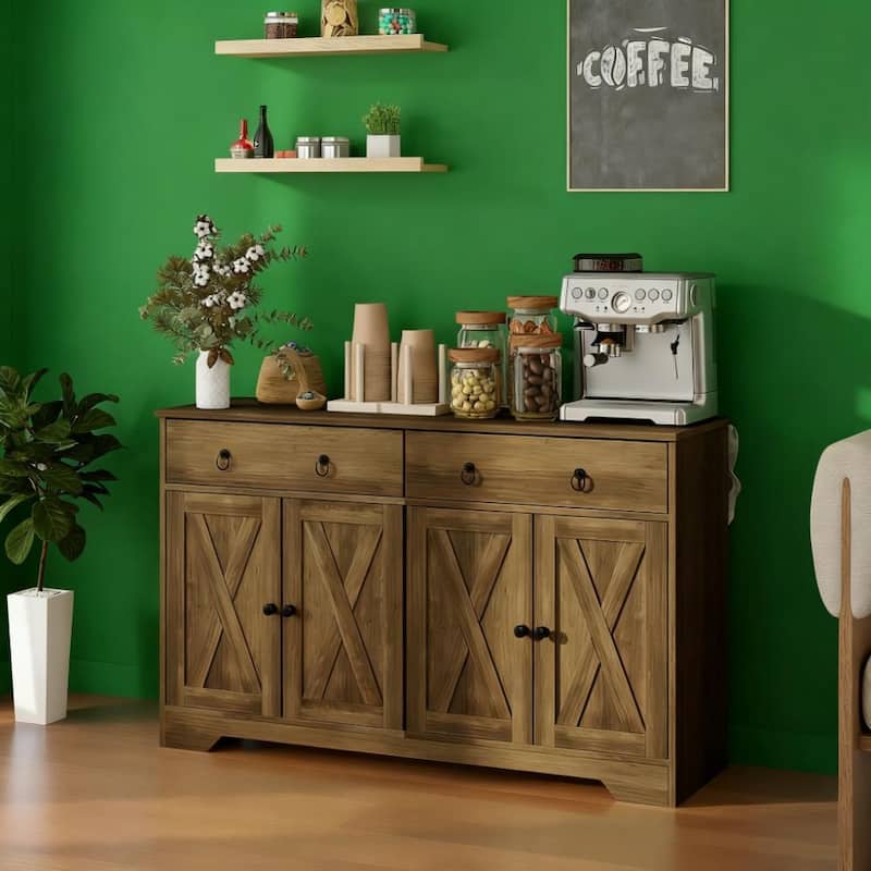 Kitchen Storage Sideboard with Barn Style Doors, Drawers, Adjustable Shelves