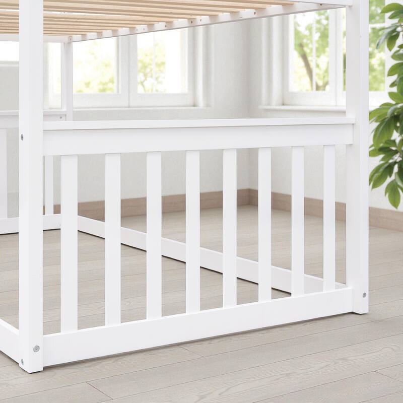 Twin Over Twin House Bunk Bed with Roof and Ladder, Solid Wood Frame, Playhouse Style Kids Bed, No Box Spring Needed