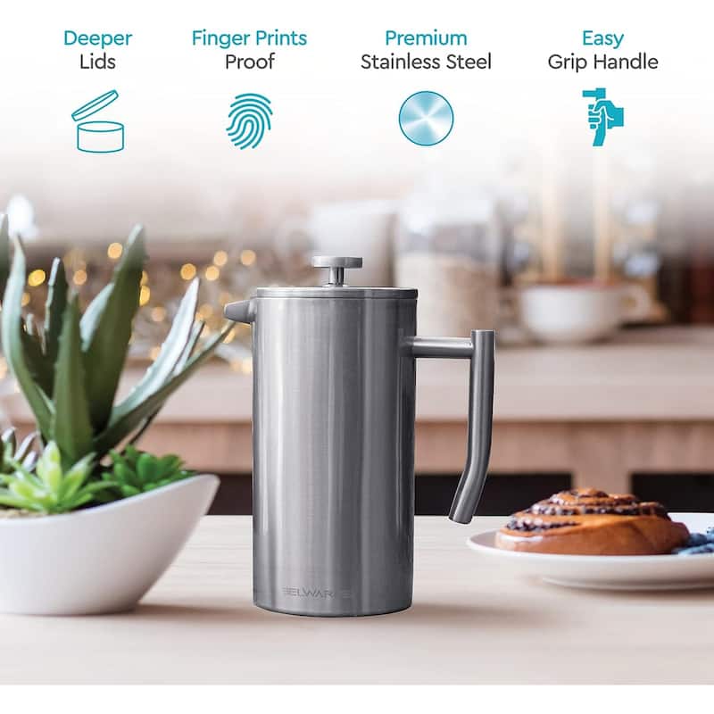 French Press Coffee Maker – Insulated Coffee Press Stainless Steel 304 – Coffee Spoon, Double Wall, & 4 Level Filtration System