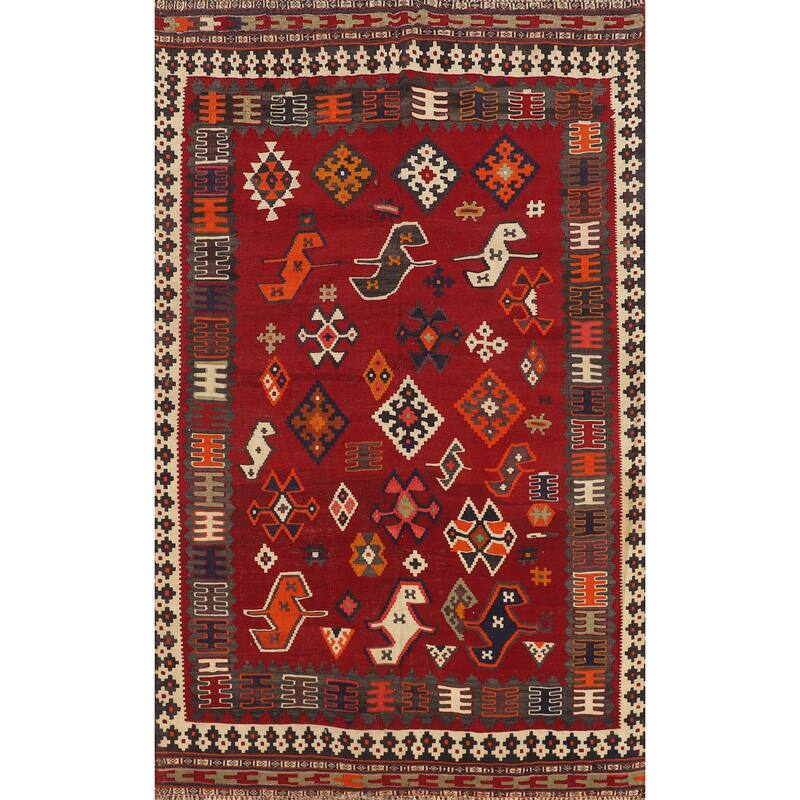 Kilim Qashqai Persian Vintage Area Rug Hand-Woven Red Wool Carpet - 4'8"x 6'7"