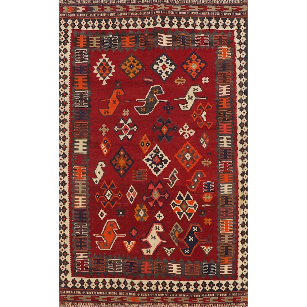 Kilim Qashqai Persian Vintage Area Rug Hand-Woven Red Wool Carpet - 4'8"x 6'7"