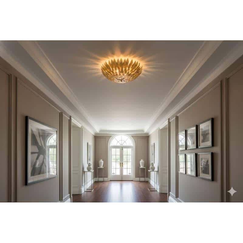 3 Light Gold Leaf Round Metal Frame Flush Mount