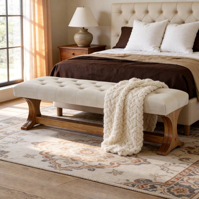 55" Upholstered End of Bed Bench, Solid Wood Tufted Entryway Bench