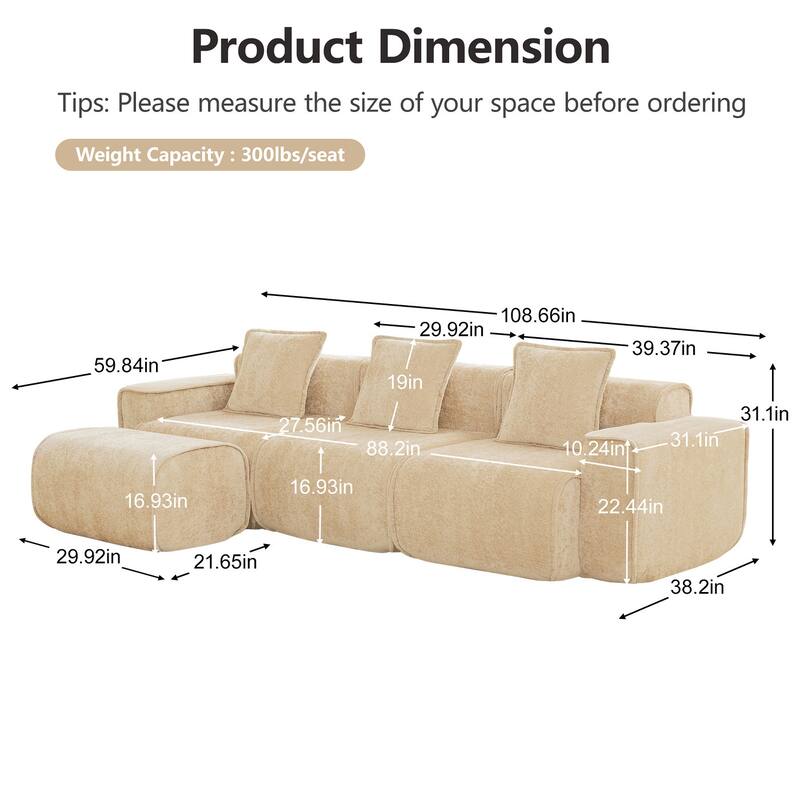 Streamlined Design Modular 3 Seat L Shape Boneless Velvet Fabric Sofa with 1 Movable Ottoman - 8' x 10'