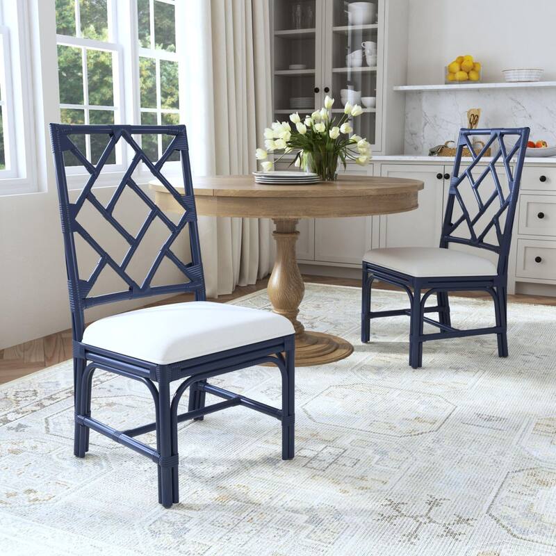 Natural Rattan Handmade Chippendale Cushioned Dining Chairs by East at Main