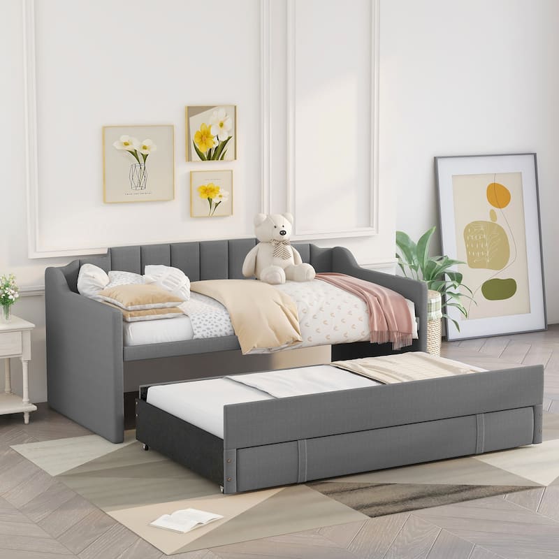 Twin Upholstered Daybed with Trundle and 3 Drawers, Solid Wood Sofa Bed Frame, No Need for Box Spring - Grey