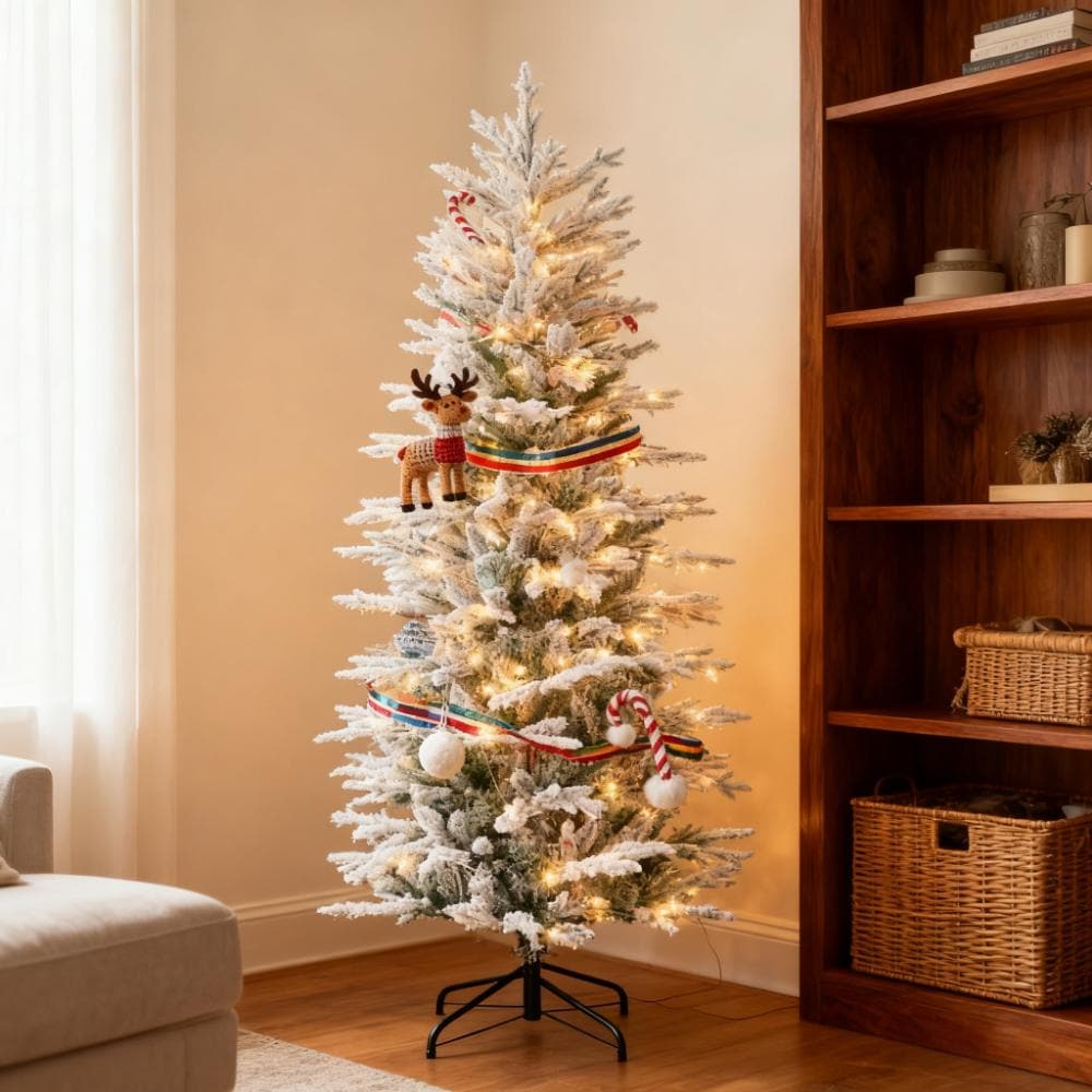 Flocked Artificial Christmas Tree - Snow Branches, Warm Yellow Lights, Auto Open - Green