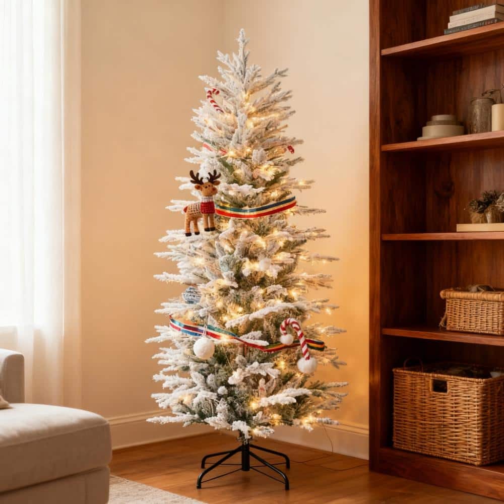 Snow Branches withChristmas Trees,Artificial Flocked Christmas Trees,with Warm Yellow Clear Lights, Auto Open - Green