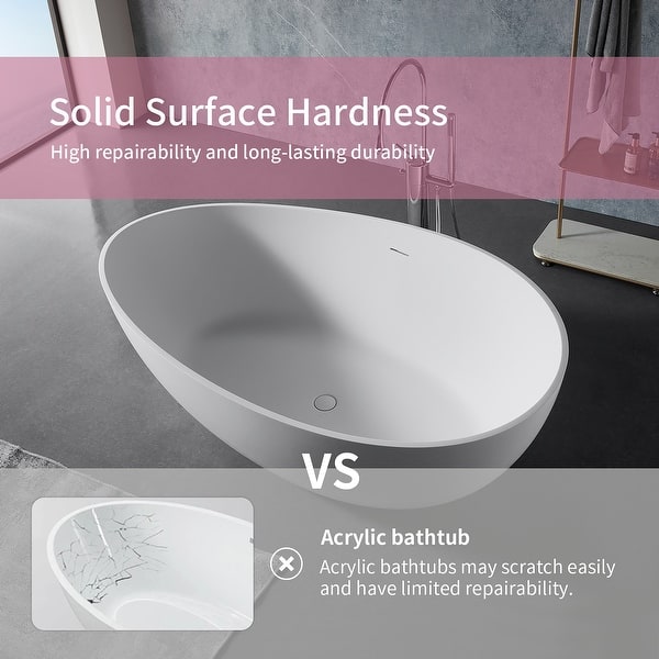 63 in. x 37.4 in. Freestanding Soaking Solid Surface Bathtub with Center Drain in Matte White