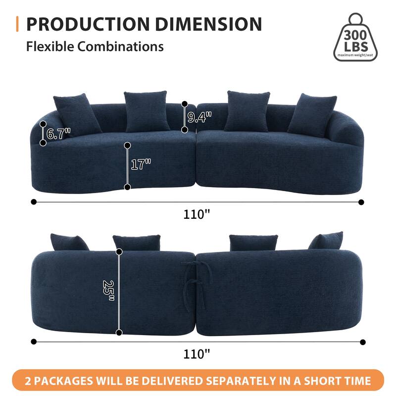 110" Curved Boneless Modular Sectional Sofa, Compression High-Density Foam Couch Sleeper for Living Room & Apartment