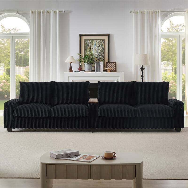 Roomfitters 4-Seater Corduroy Modern Sofa Couch with USB Ports Hidden Storage Arms & Flip-Top Cup Holders for Living Room