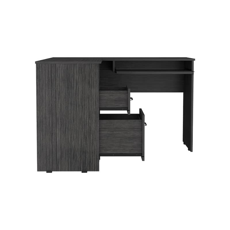 Modern L-Shaped Desk with Retractable Keyboard Tray, Sleek Metal Handles, and Sturdy Particle Board Design for Office Use