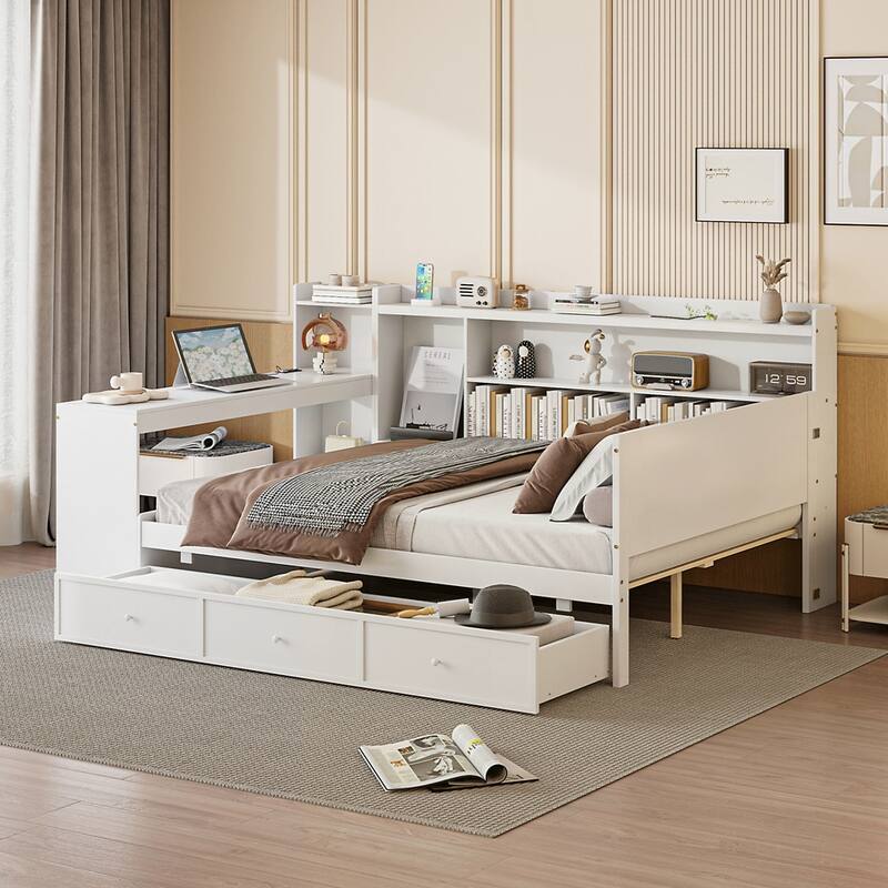 Wooden Daybed With 3 Drawers and USB Ports - White - Full