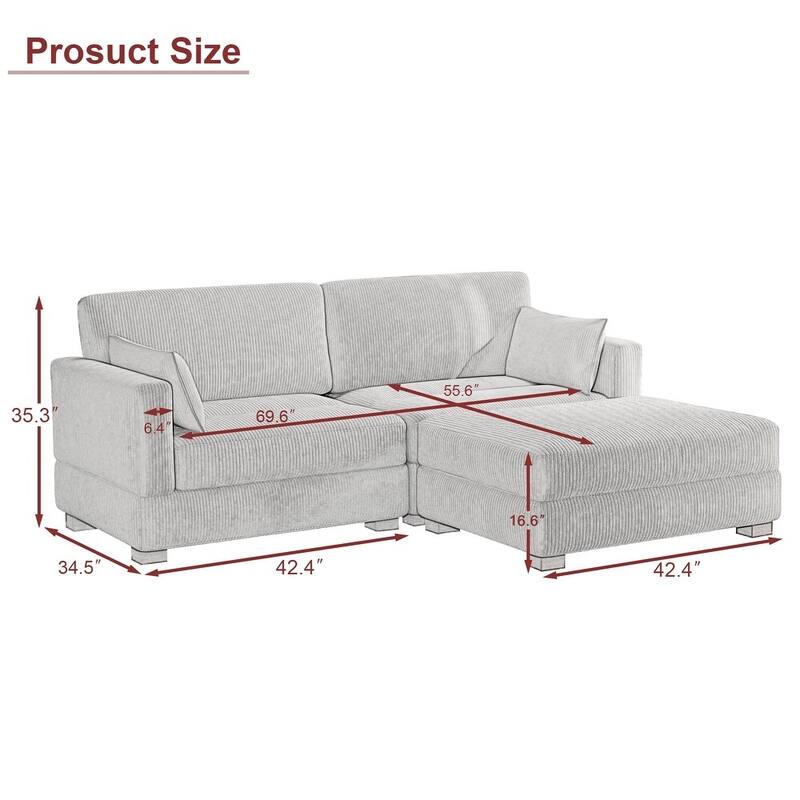 84'' L-Shaped Corduroy Comfy Couch Modular Sectional Sofa With Ottoman