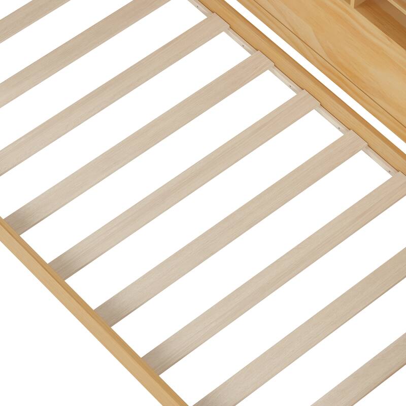Twin Size Wooden Daybed Platform Bed with Recessed Desk Storage Shelves and 2 Drawers Under Bed for Compact Spaces, Bedroom