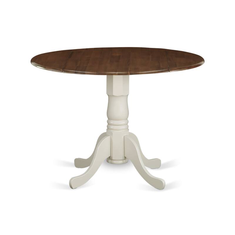 East West Furniture Dublin Modern Kitchen Table - a Round Dining Table Top with Dropleaf & Pedestal Base, Walnut & Linen White