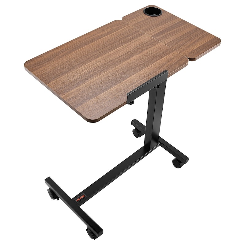 Wood and Black Adjustable Overbed Table with Electric Lift, Tilting Top and Wheels