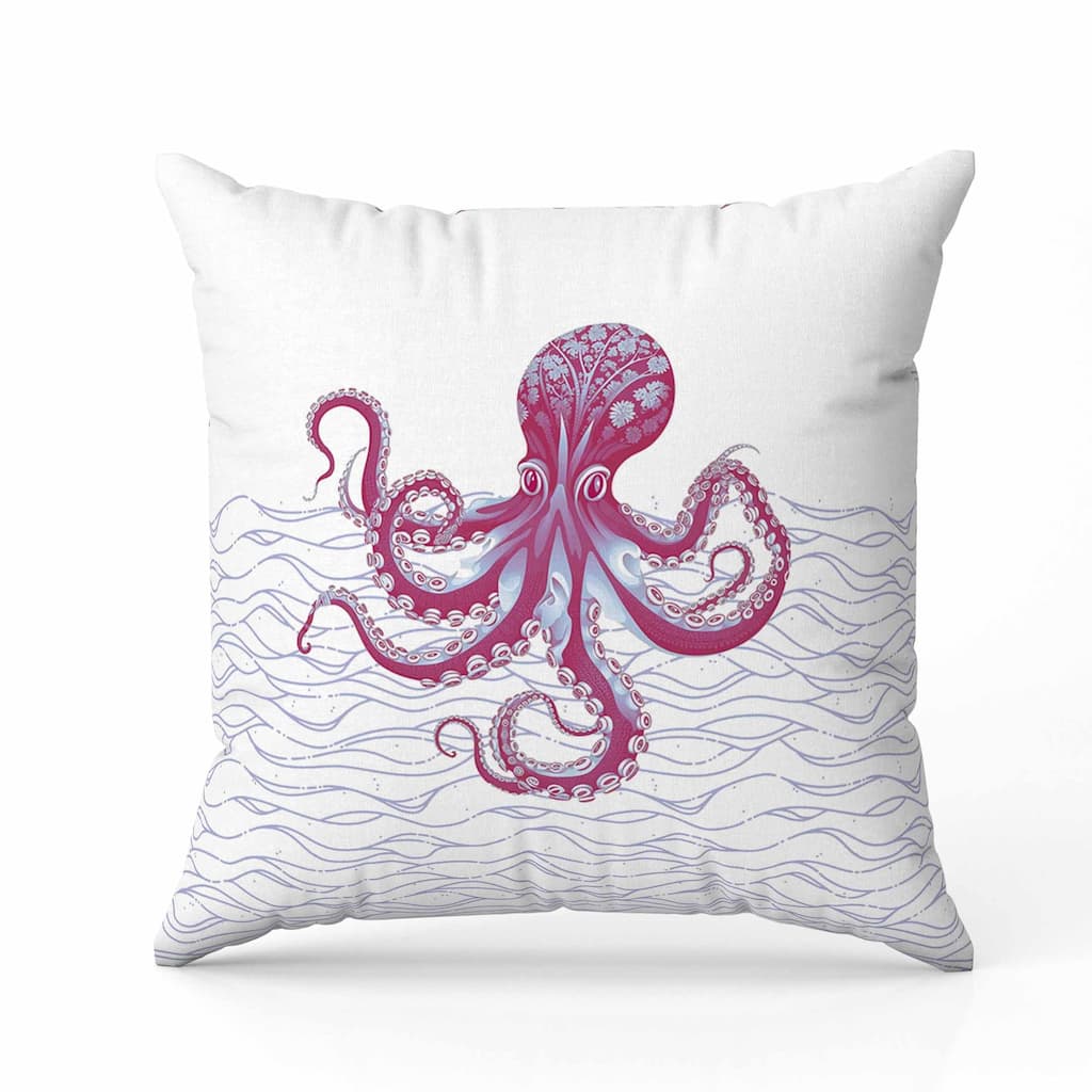 Oceanic Octo Art Indoor/Outdoor Reversible Throw Pillow White and Hotpink