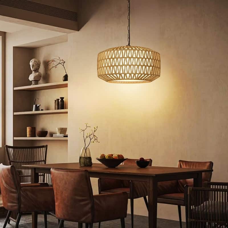 5 Light dining light fixtures brown hanging lighting linen, metal, rattan pendant light