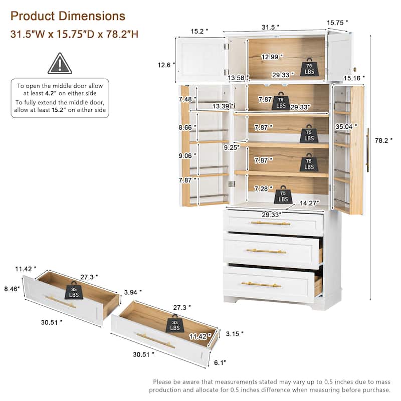 78.2" Tall Farmhouse Pantry Cabinet - 8 Door Shelves, 3 Drawers & Adjustable Shelves, Kitchen Storage Cupboard