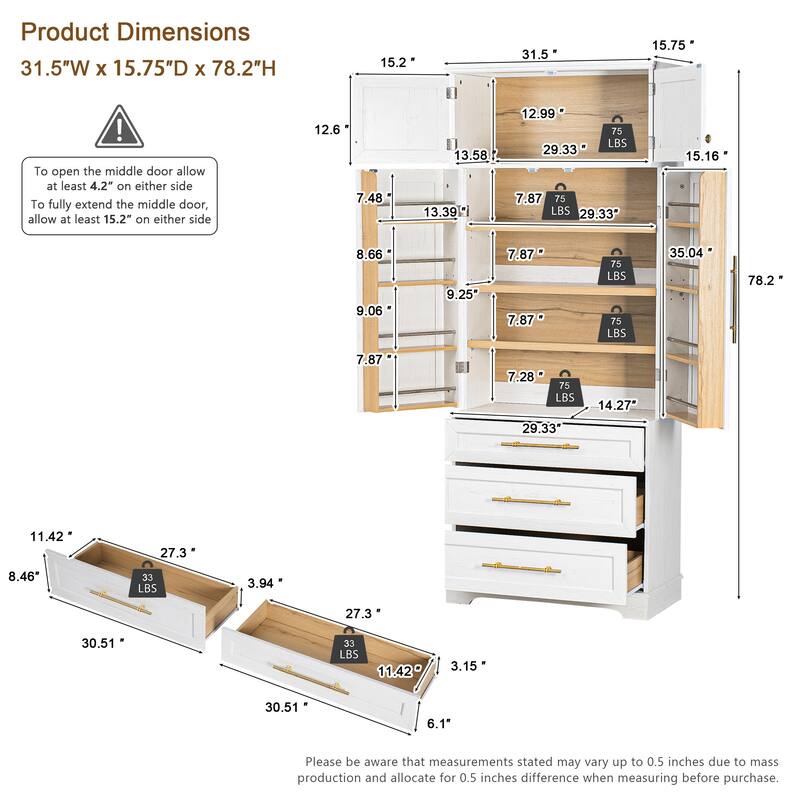 Freestanding Pantry Cabinet, Tall Storage Cupboard with 8 Door Shelves, 3 Adjustable Shelves, 3 Large Drawers, Kitchen Hutch