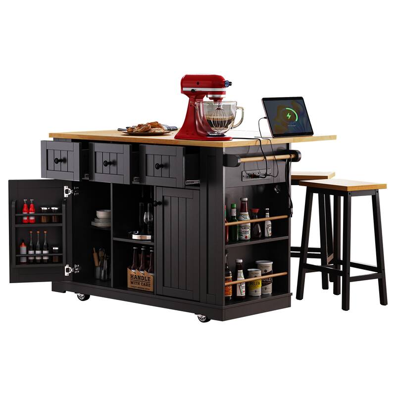 Kitchen Island on 5 Wheels with Drop Leaf, Rolling Island Cart with Power Outlet, Bar Cabinet with Internal Racks & 2 Bar Stools