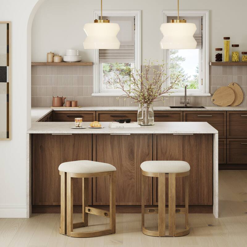 Veya Modern Barrel Bar Stool with Solid Wood Legs and Boucle Upholstery