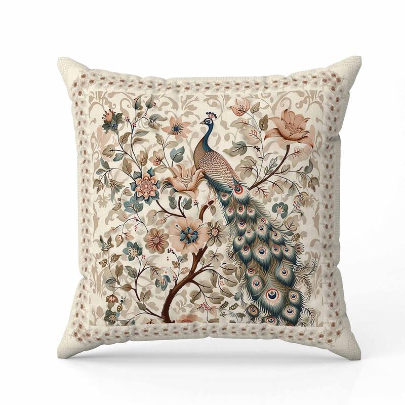 Peacock Kalamkari Indoor/Outdoor Reversible Throw Pillow Beige and Green