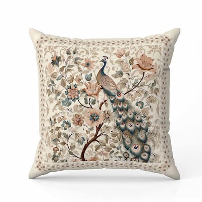 Peacock Kalamkari Indoor/Outdoor Reversible Throw Pillow Beige and Green