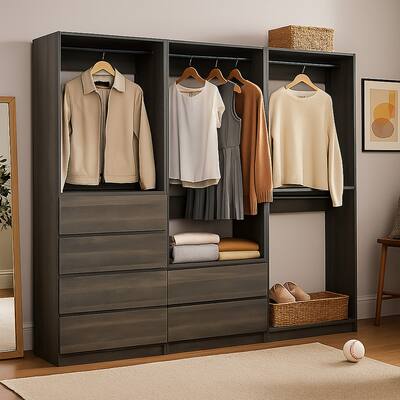 Dee Modular Closet System, 4 Hanging Rods, 6 Drawers, Dark Gray Wood