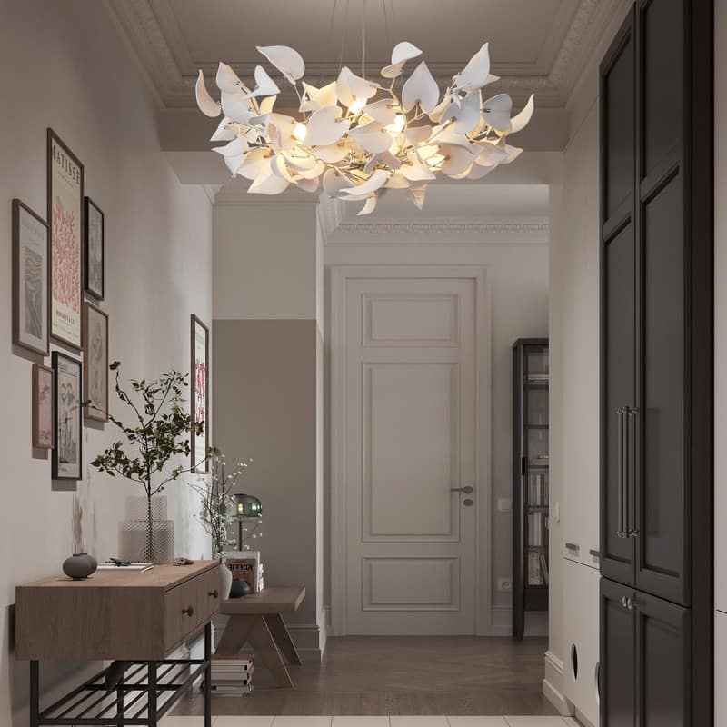 KAYLA 31.5" 6-Light Luxury Gold Round Chandelier, Modern Ceramic Leaf Branch