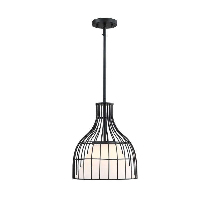 Evensong 60 Watt 1-Light Matte Black Bell Pendant with Etched Opal Glass Shade and Metal Outer Cage - 14.75