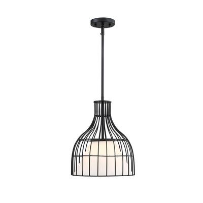 Evensong 60 Watt 1-Light Matte Black Bell Pendant with Etched Opal Glass Shade and Metal Outer Cage - 14.75