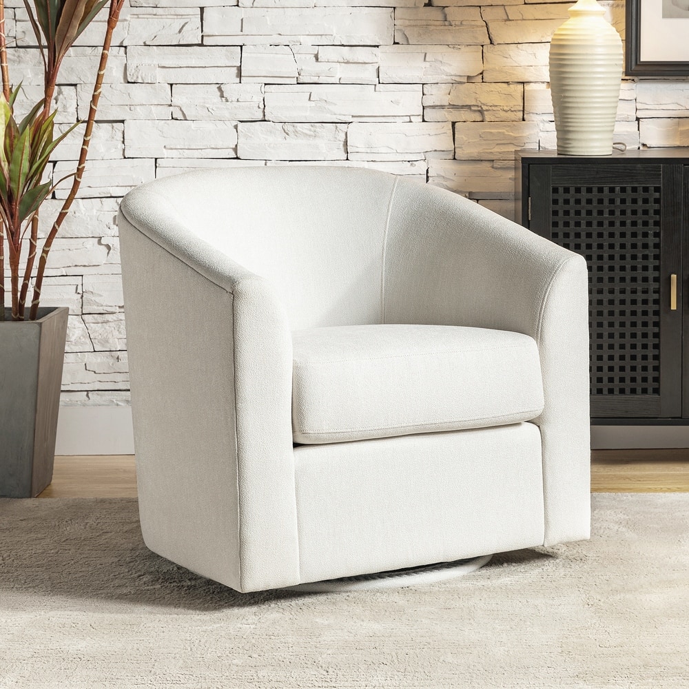 Cuenca Modern Living Room Wooden Upholstered 360° Swivel Barrel Chair with Metal Base and Wide Backrest