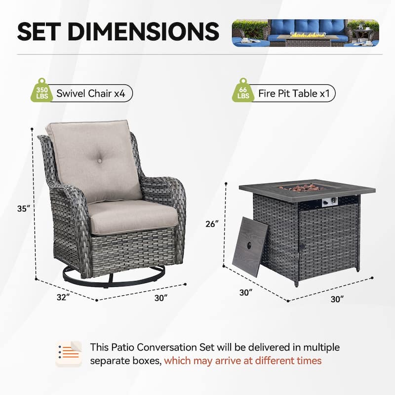Gymojoy 5-Piece Outdoor Furniture Chair Set, 4 Swivel Chairs & 55K BTU Fire Pit Table