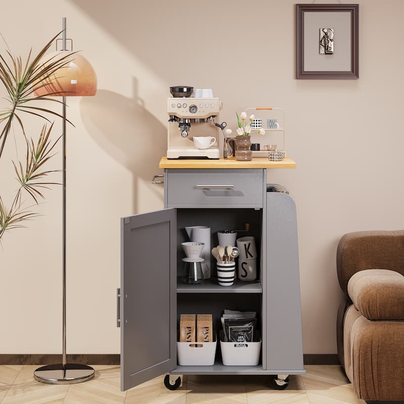 Rolling Kitchen Island with Storage Cabinet & Spice Rack & Drawer – Rubber Wood Top