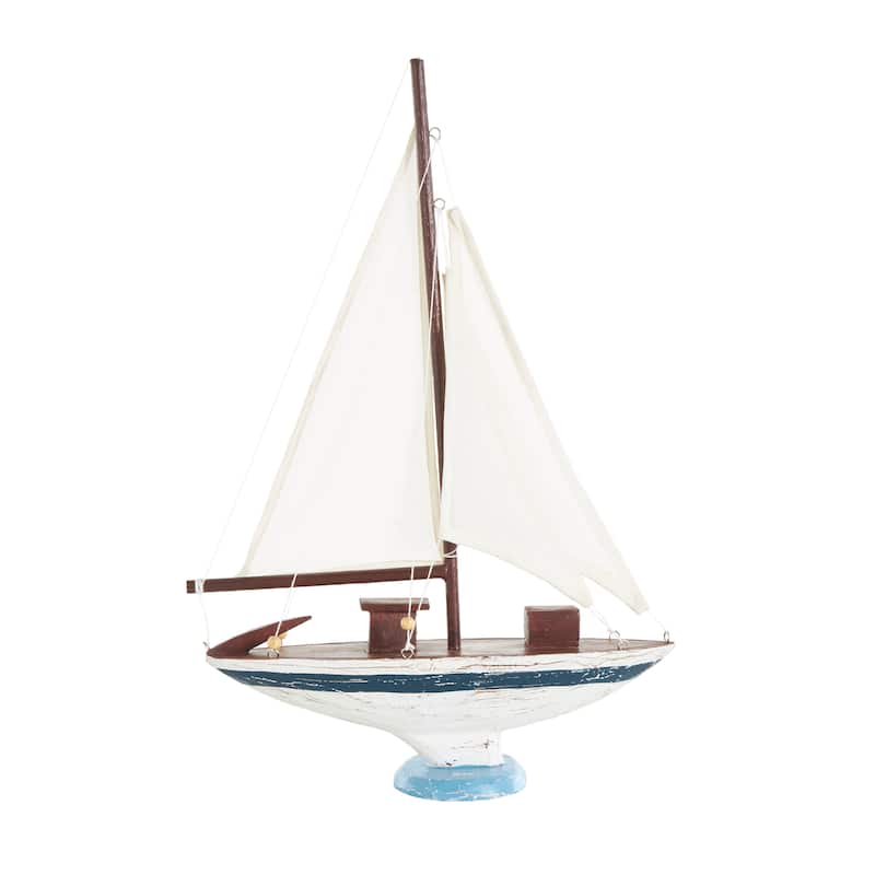 White Wood Distressed Sail Boat Decorative Sculpture with Brown Wood and Beaded Accents