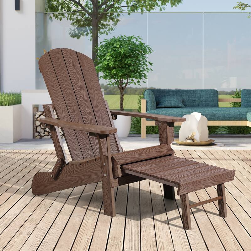 Hurley Folding Poly Plastic Adirondack Chair with Pull-out Ottoman - Oak Brown