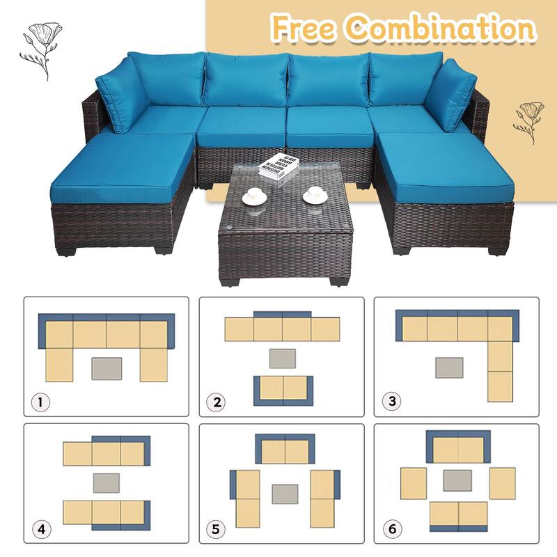 Outdoor Garden Patio Furniture 7-Piece PE Rattan Wicker Cushioned Sofa Sets with 2 Pillows and Coffee Table
