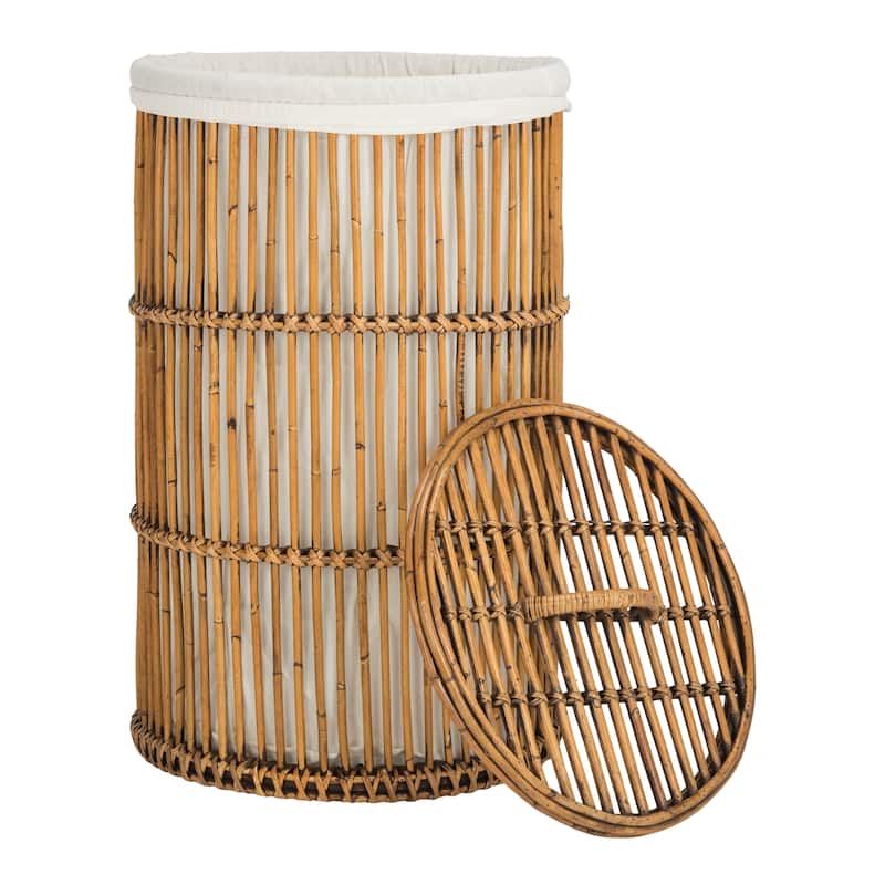 SAFAVIEH Andreia White Wash Rattan Storage Hamper with Liner - 17.7" x 17.7" x 29.5" - 18Wx18Dx30H