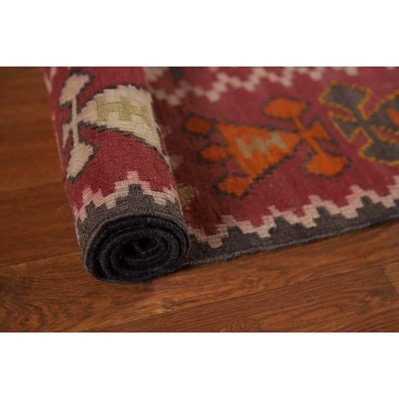 100% Pink Geometric Kilim Persian Vintage Area Rug Wool Carpet - 5'5"x 9'2"