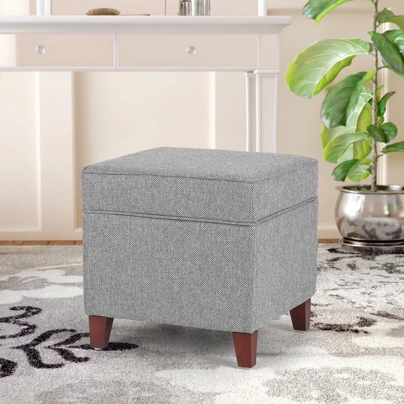 Adeco Square Ottoman with Storage Gray Faux Linen Fabric Footstool