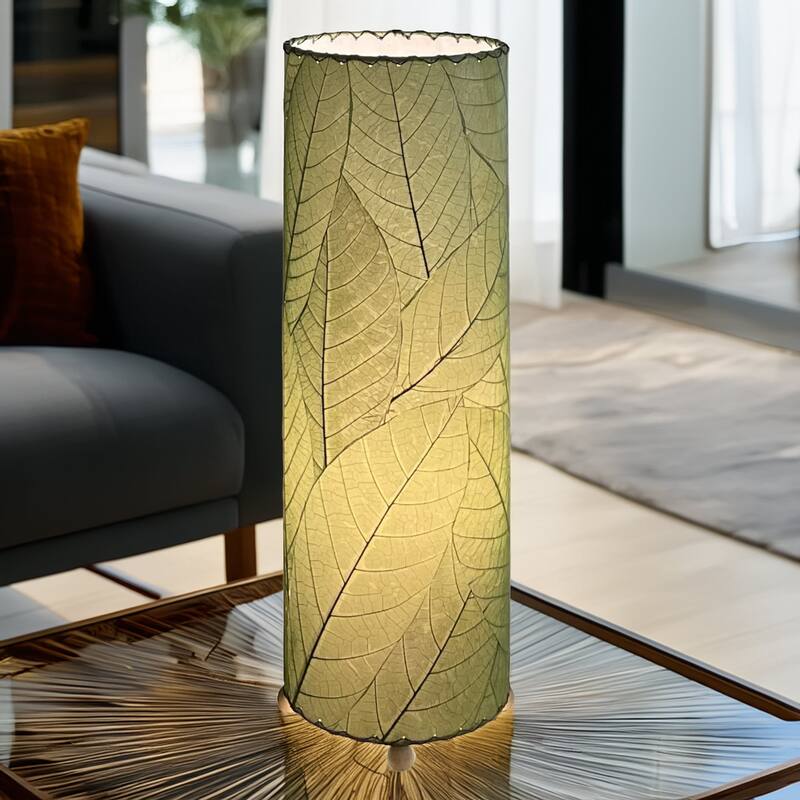 Handmade 24 Inch Cocoa Leaf Cylinder Table Lamp, Cocoa Leaves Shade, 8 x 8 x 24 in. - 8 x 8 x 24 - Green