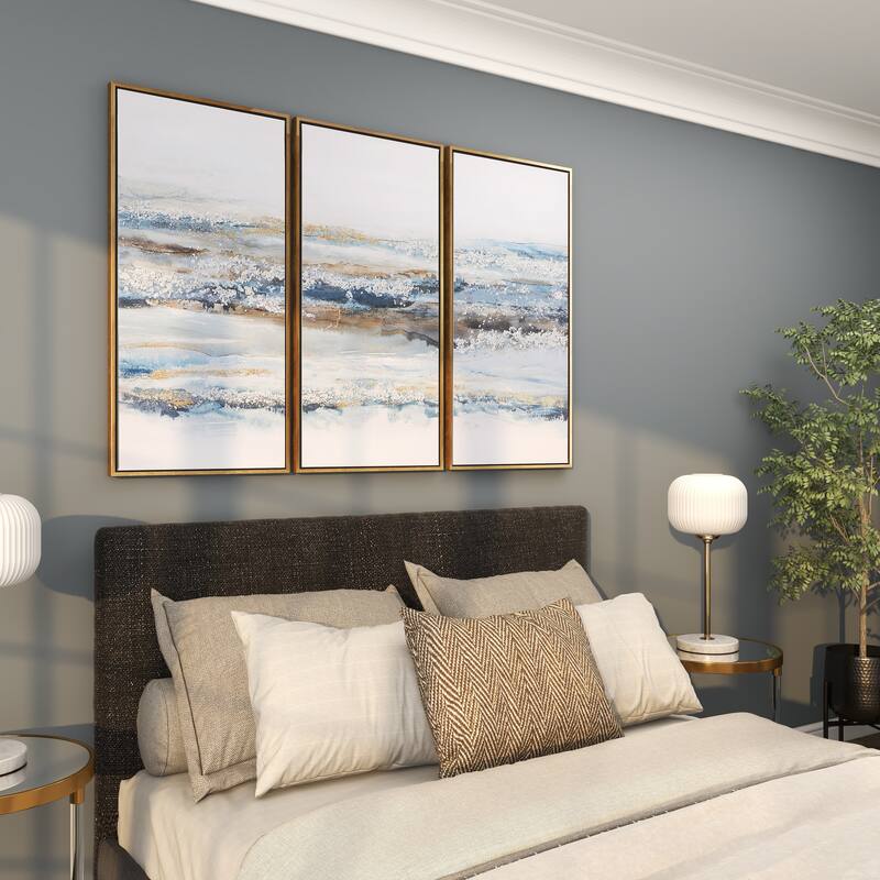 Canvas Landscape Living Room Framed Wall Art with Gold Frame - Set of 3 Blue - Roche River Decor
